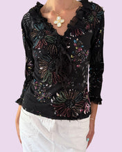Load image into Gallery viewer, black 3/4 floral sequin ruffled top *size s*
