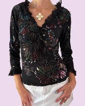 Load image into Gallery viewer, black 3/4 floral sequin ruffled top *size s*
