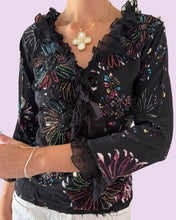 Load image into Gallery viewer, black 3/4 floral sequin ruffled top *size s*

