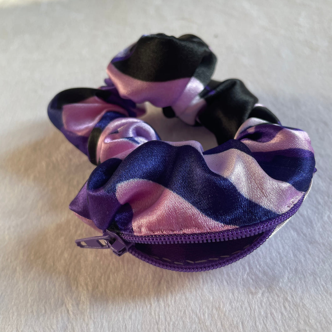 Purple silk zebra zip scrunchie